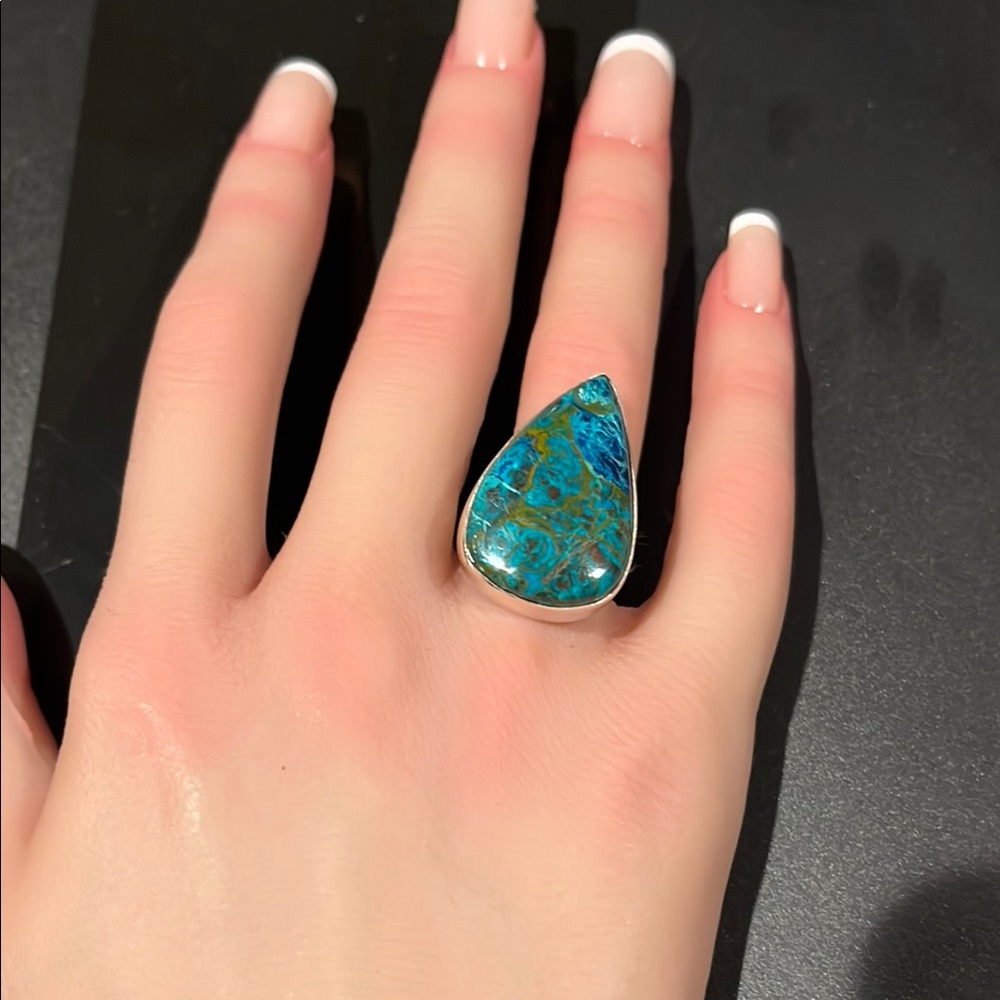 Natural azurite and malachite green, blue sterling silver ring, gemstone jewelry